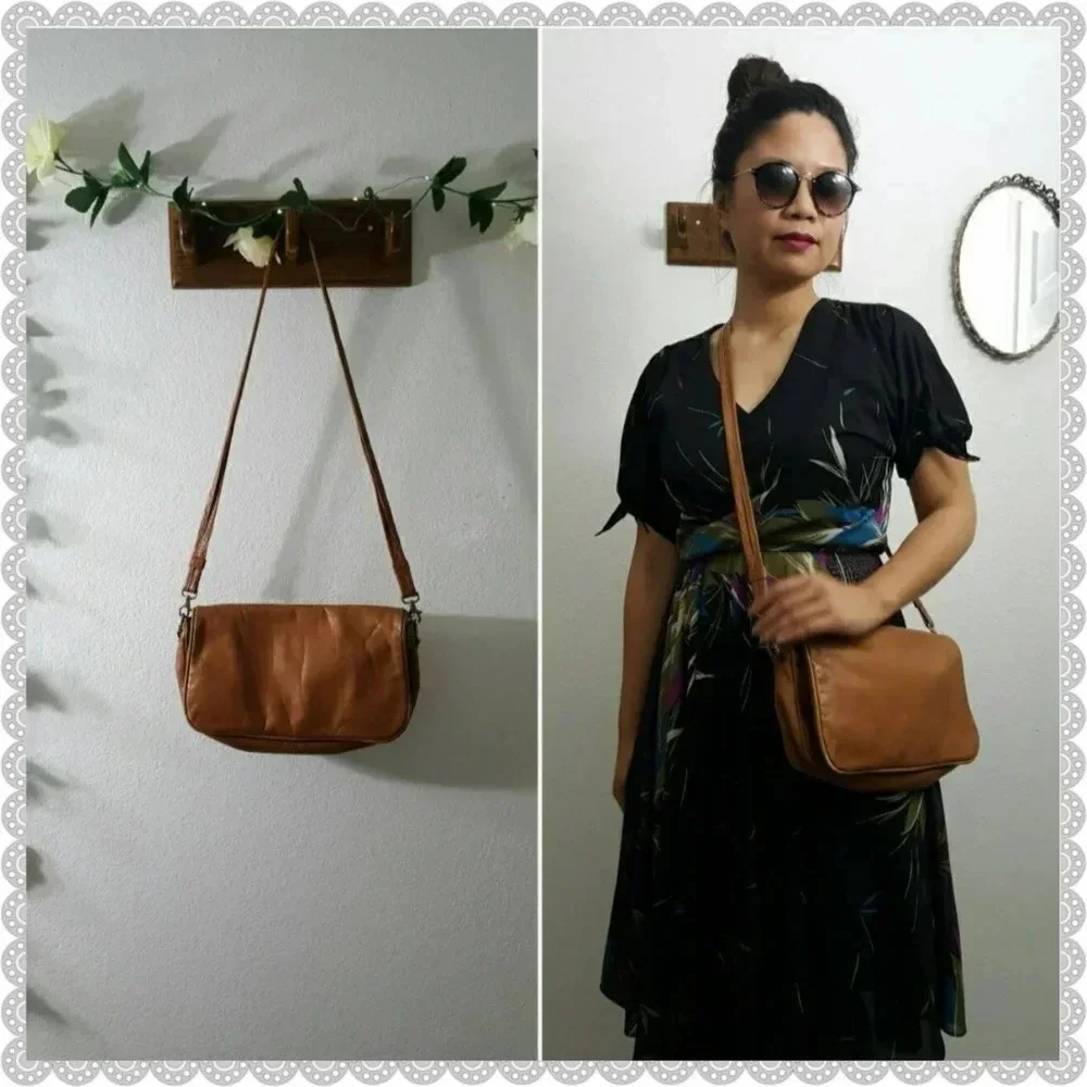Vintage Distressed Tan Brown Leather Boho Festival Crossbody Bag